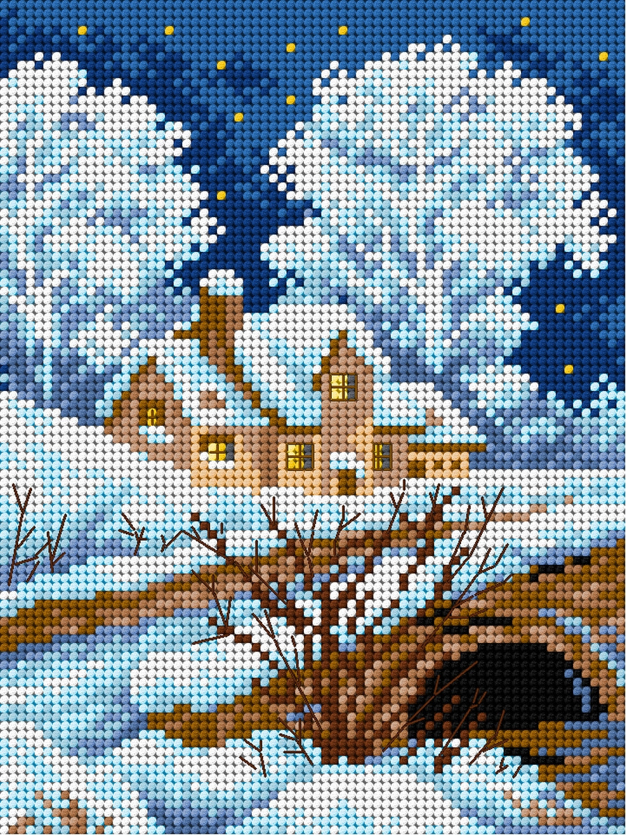 Gobelin canvas for halfstitch featuring a Winter Landscape design, printed on high-quality Zweigart canvas, dimensions 18x24 cm.